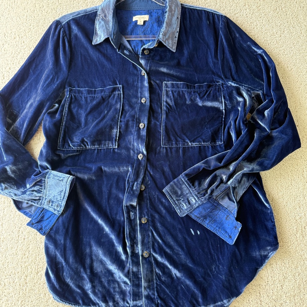 Pilcro Velvet Button Down Shirt Womens Medium Navy Blue Long Sleeve Pockets - Picture 10 of 11